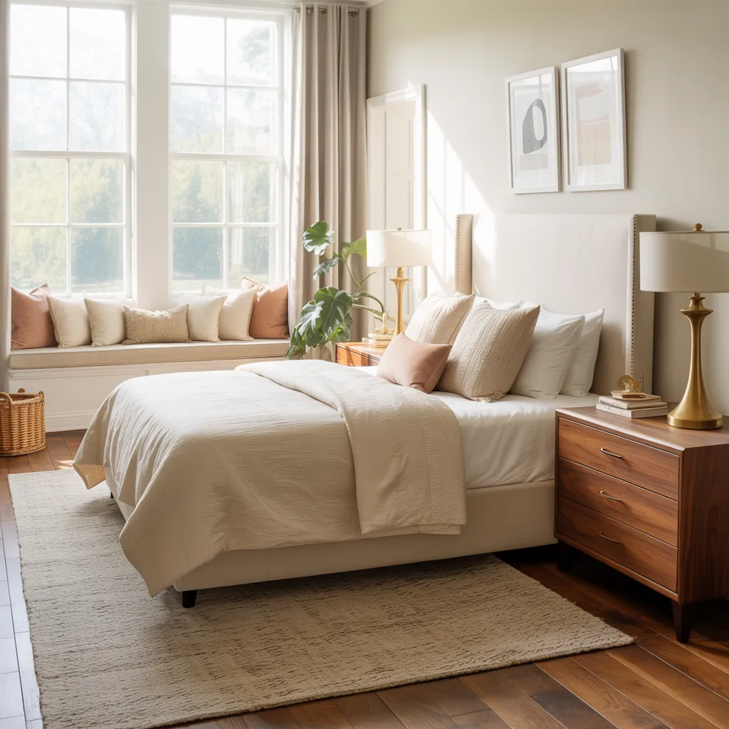 Built-in style window bench with cream upholstery and layered pillows in a bright fully furnished luxury bedroom with hardwood floors and natural sunlight.