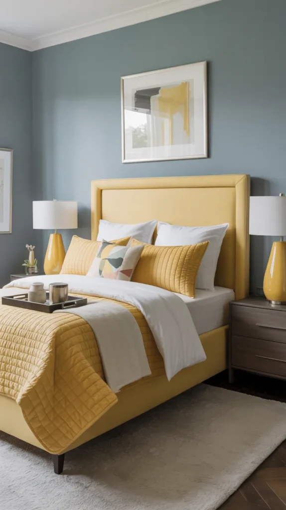 Bright gray bedroom with yellow headboard, coordinated bedding and modern polished styling in a clean contemporary space.