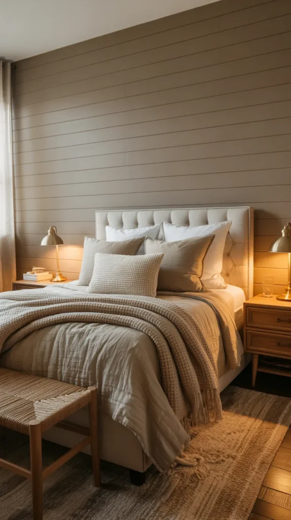 Shiplap paneled bedroom wall behind bed with warm cozy decor and layered bedding