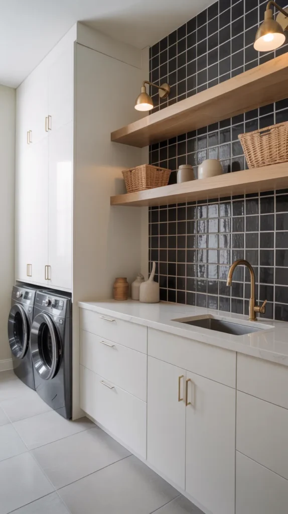 Bright contemporary laundry room with matte black tile accent wall, crisp white flat-panel cabinets, brass hardware, oak floating shelves, and white quartz countertop.