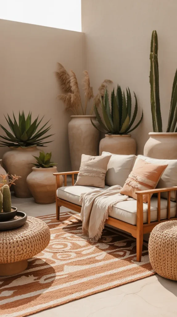 desert boho patio with clay pots and warm wood furniture creating peaceful outdoor retreat