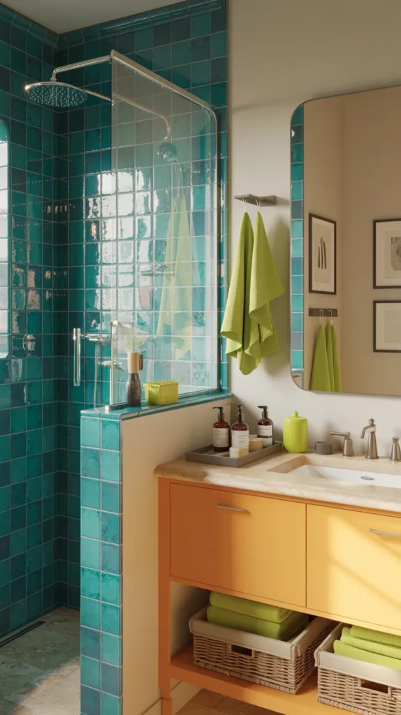 Turquoise tile bathroom with apricot vanity and lime accents styled in warm natural daylight