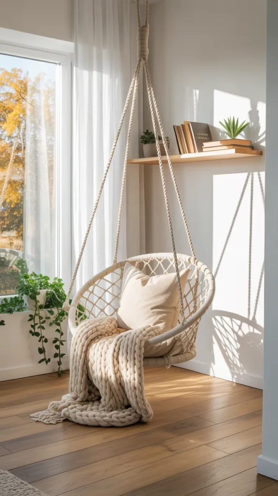 Small realistic hanging chair reading nook beside a window with plants and natural daylight.