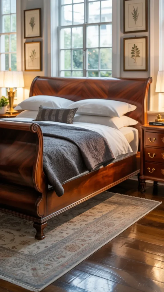 Antique sleigh vintage bed styled inside a furnished modern upscale bedroom
