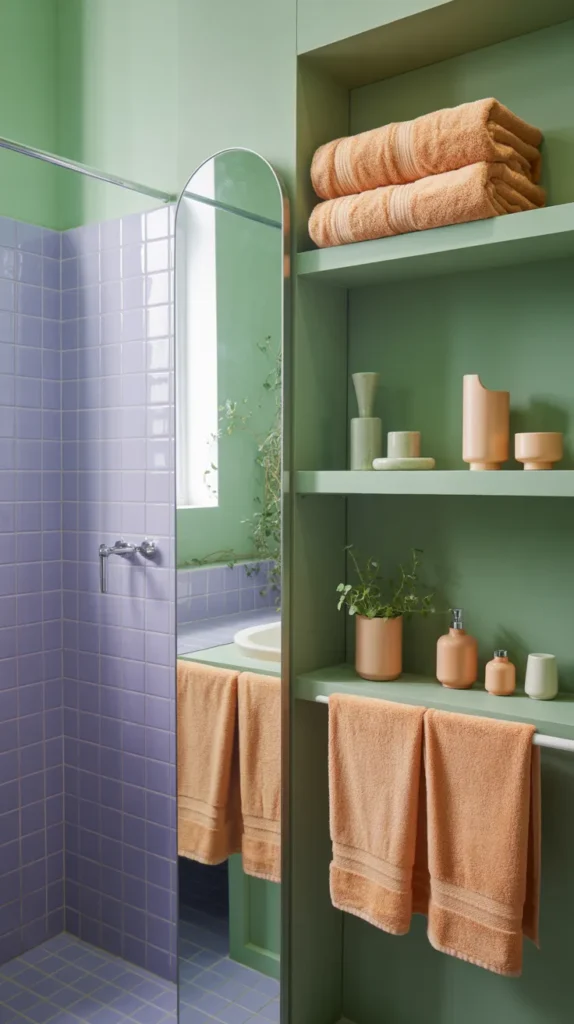 Mint and lavender bathroom with apricot accents fully furnished with decor and storage
