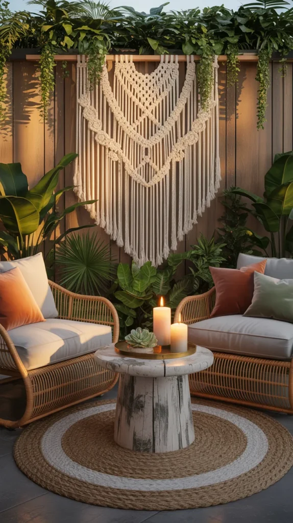 boho patio with macrame wall decor creating cozy outdoor living room feel