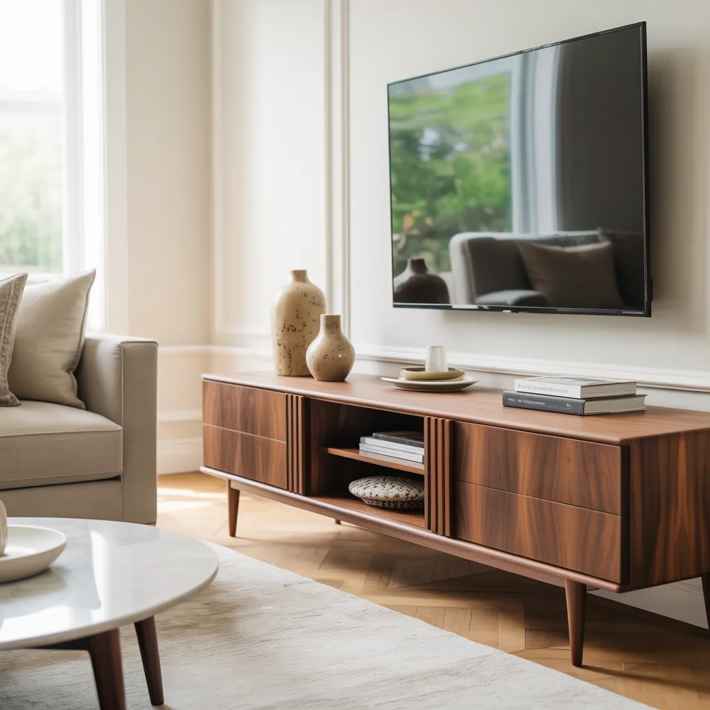 Mid-century walnut wood TV console with tapered legs styled in a bright modern living room with natural daylight.