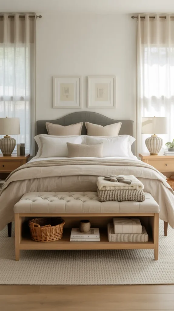 Beige TUFTED bench with open shelf and woven baskets at the foot of a fully furnished bedroom with layered bedding, hardwood floors, and natural daylight.