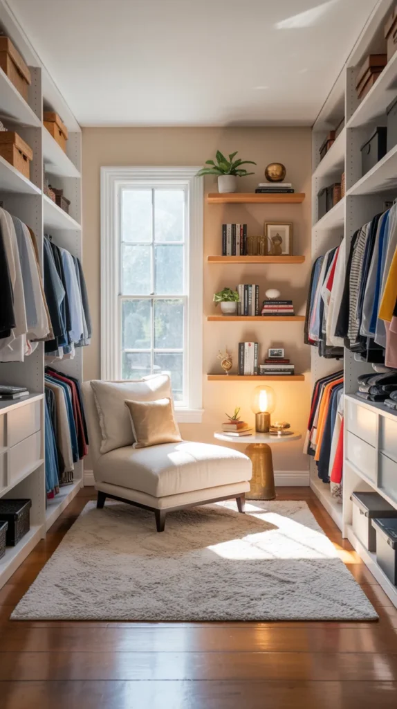 Sunny walk-in closet reading nook with chair, shelves and natural daylight in a clean organized interior.