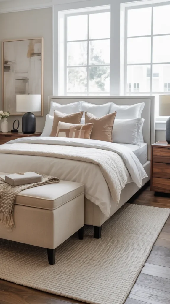 Beige upholstered storage bench at the foot of a fully furnished modern bedroom with gray headboard, hardwood floors, layered white bedding, and natural daylight.
