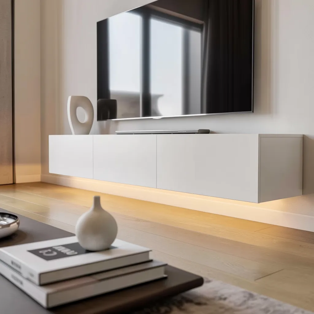 Modern bright living room with floating white wall-mounted TV console and soft LED underlighting creating a sleek upscale look.