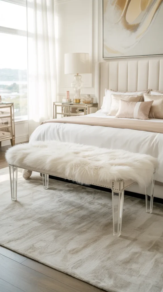 Clear acrylic bench with plush white faux fur cushion and transparent legs at the foot of a fully furnished glam bedroom with mirrored nightstands, chandelier, hardwood floors, and bright natural daylight.