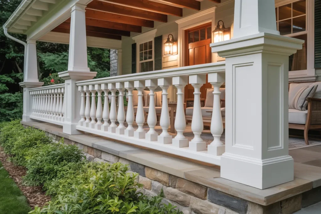 Craftsman-style front porch with thick white square balusters, stone column bases, exposed wood beams, and furnished seating area in bright natural daylight.