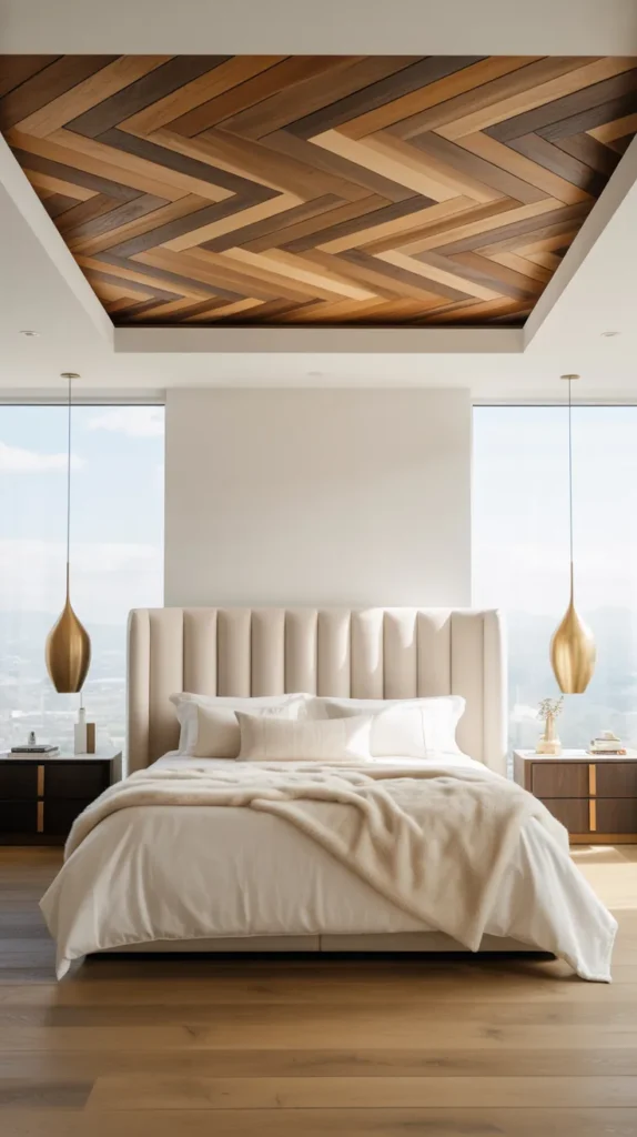 Luxury modern bedroom with geometric herringbone wood ceiling, cream upholstered bed, and bright natural sunlight.
