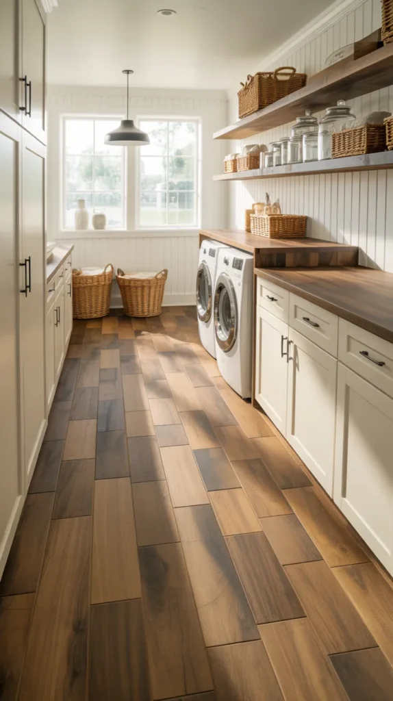 Modern farmhouse laundry room with wood-look porcelain plank tile flooring, white cabinets, butcher block counter, and black hardware accents.