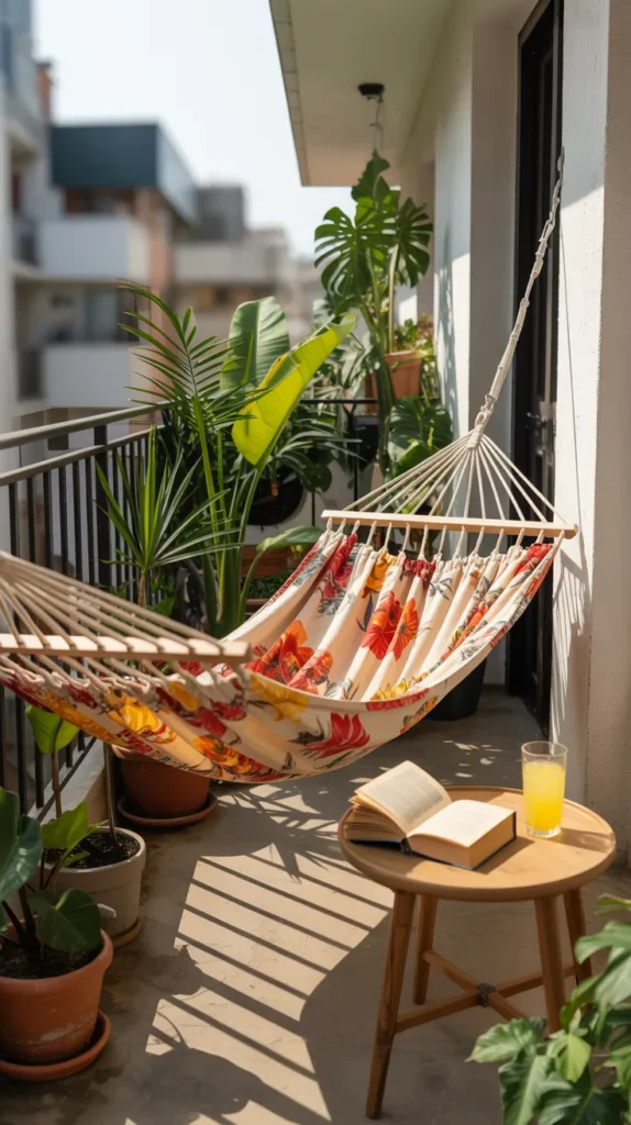 Hammock swing reading nook beside a window with natural daylight in a simple home interior.