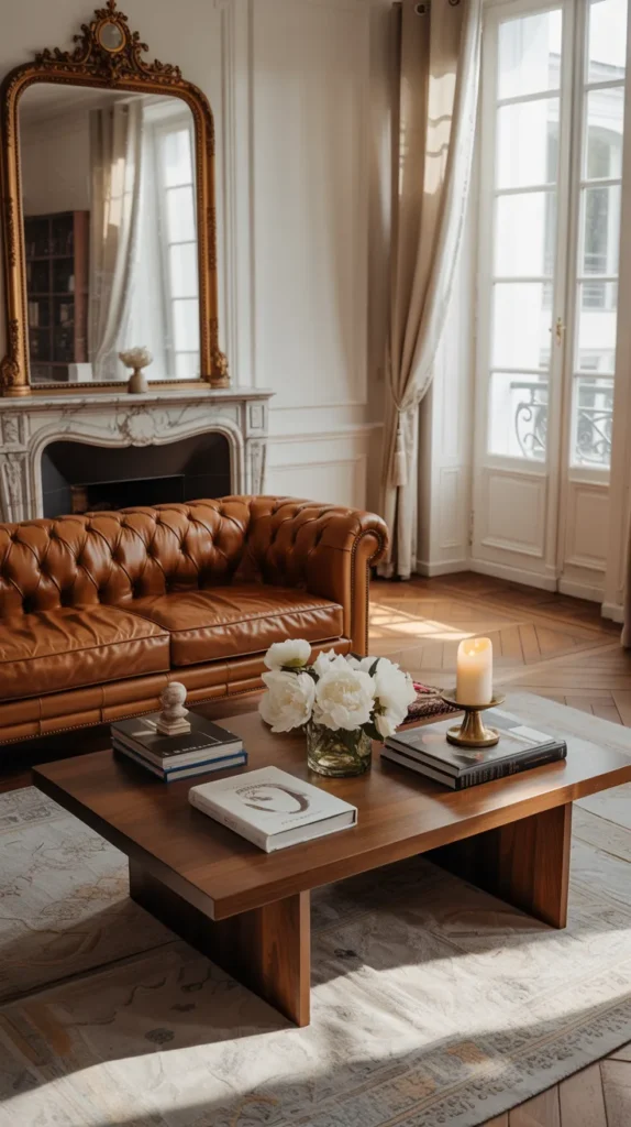 Parisian style living room with a brown leather sofa, ornate gold mirror, molding walls, and soft daylight creating an elegant interior.