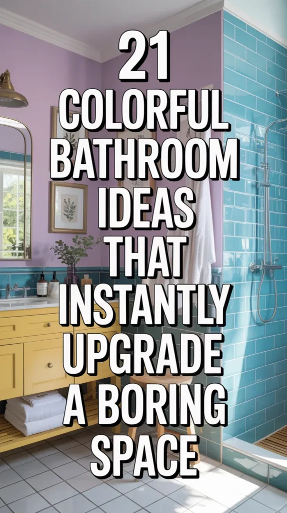Pastel lilac bathroom with blue tile and yellow vanity featuring bold blog title overlay