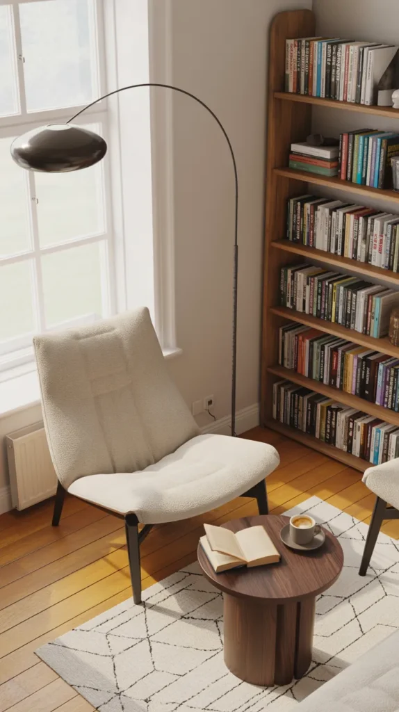 Bright reading nook with armchair beside bookshelf and sunlight in an airy minimalist living room.