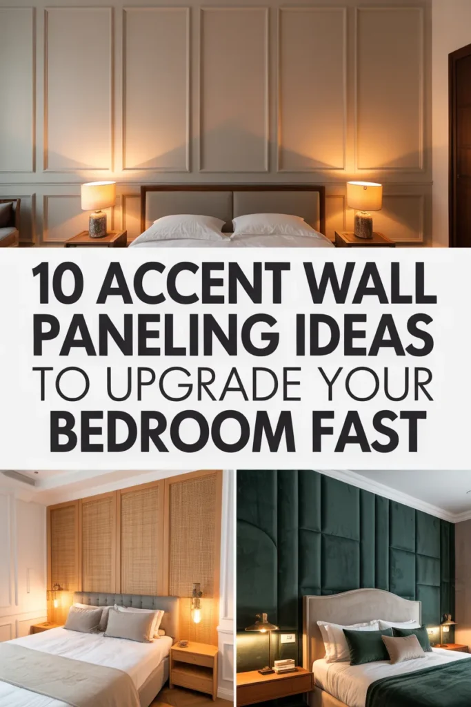 3-image collage showing board-and-batten, rattan cane, and velvet padded bedroom accent wall paneling ideas behind beds