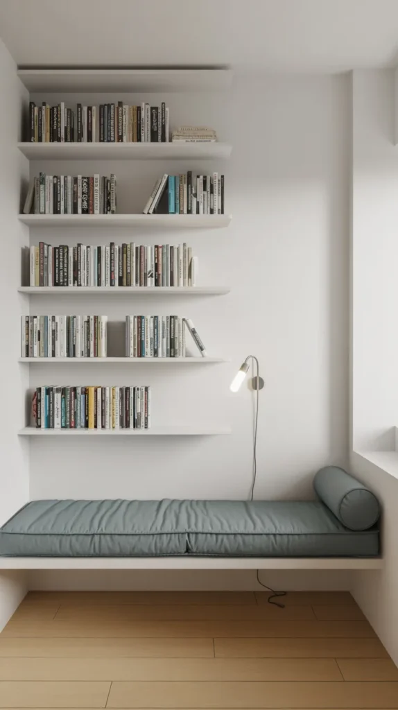 Minimal wall bench reading nook with shelves and natural daylight in a real home interior.