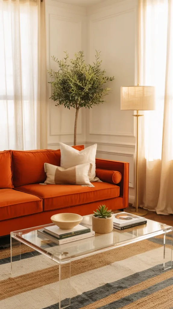 Tangerine sofa styled in an upper-middle-class modern living room with layered decor and natural light.