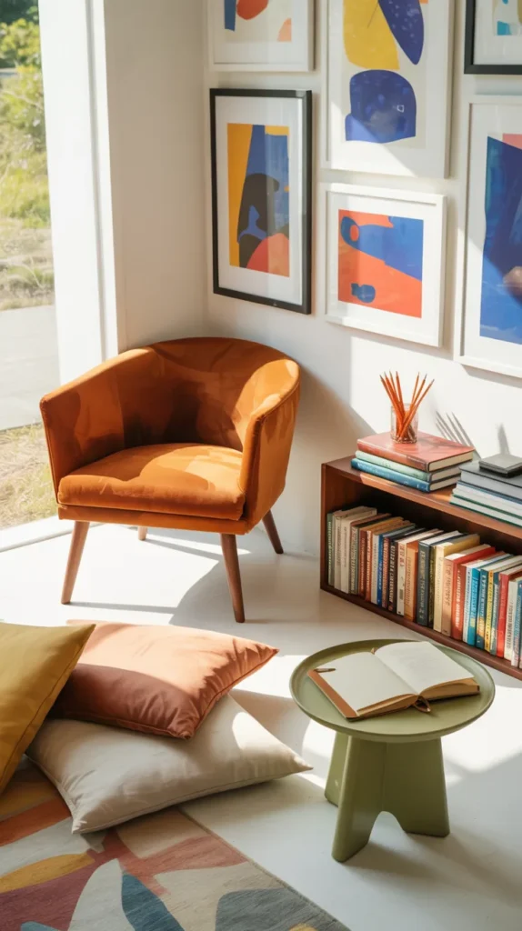 Colorful gallery wall reading nook with chair and floor cushions in bright creative corner.