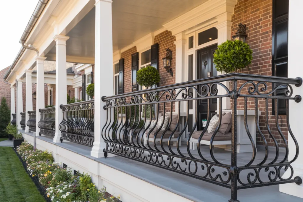 Traditional front porch with full black wrought iron railing, brick facade, front door, furnished seating, and landscaped walkway in bright daylight.