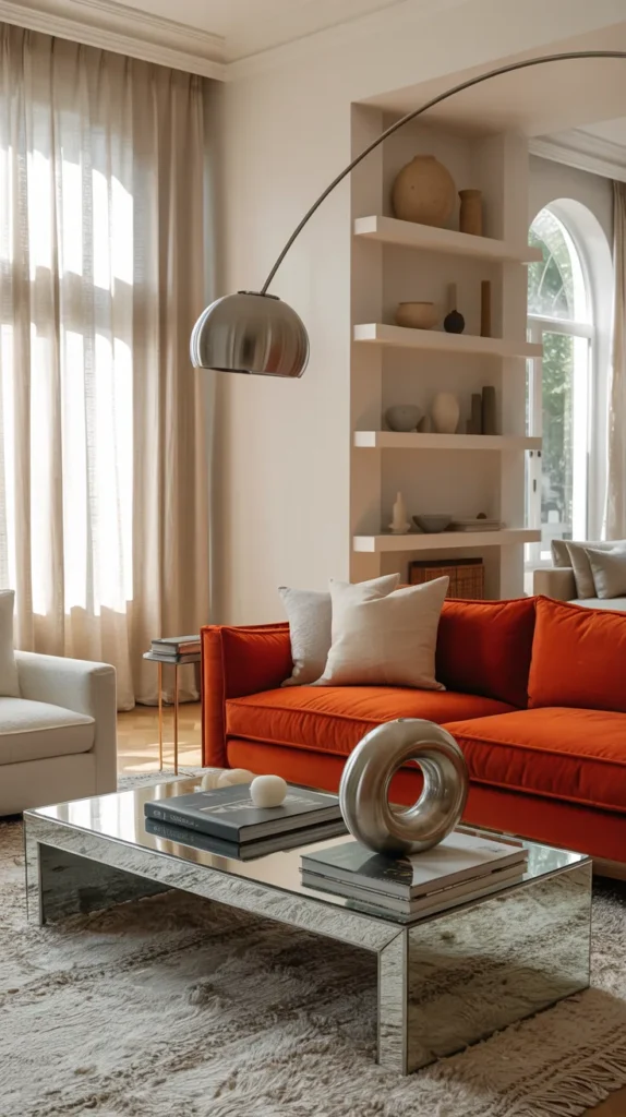 Modern living room with orange sofa styled with chrome and mirrored furniture in a bright upscale apartment.