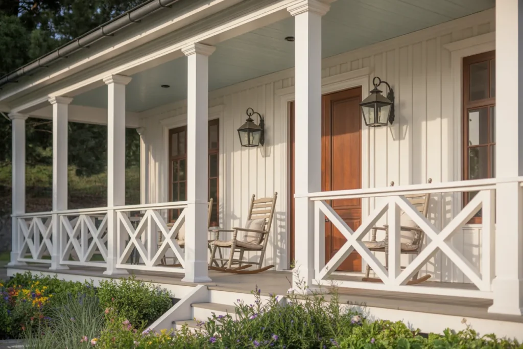 Farmhouse front porch with full white X-pattern railing, wood front door, rocking chairs, and landscaped foundation in bright sunlight.