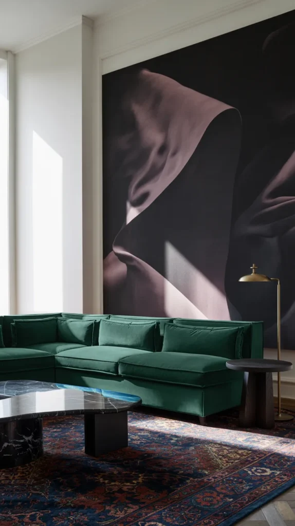 Deep emerald velvet sectional sofa in a white wall living room with dramatic artwork, dark marble coffee table, and rich patterned rug for a moody luxury look.