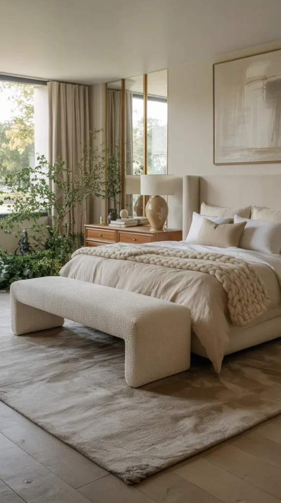 Ivory bouclé bench at the foot of a king bed in a bright fully furnished luxury bedroom with beige headboard, layered bedding, oak nightstands, and natural daylight.