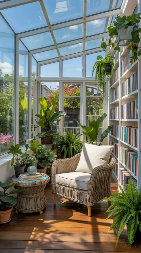 Bright sunroom reading nook with wicker chair, plants and abundant natural sunlight.