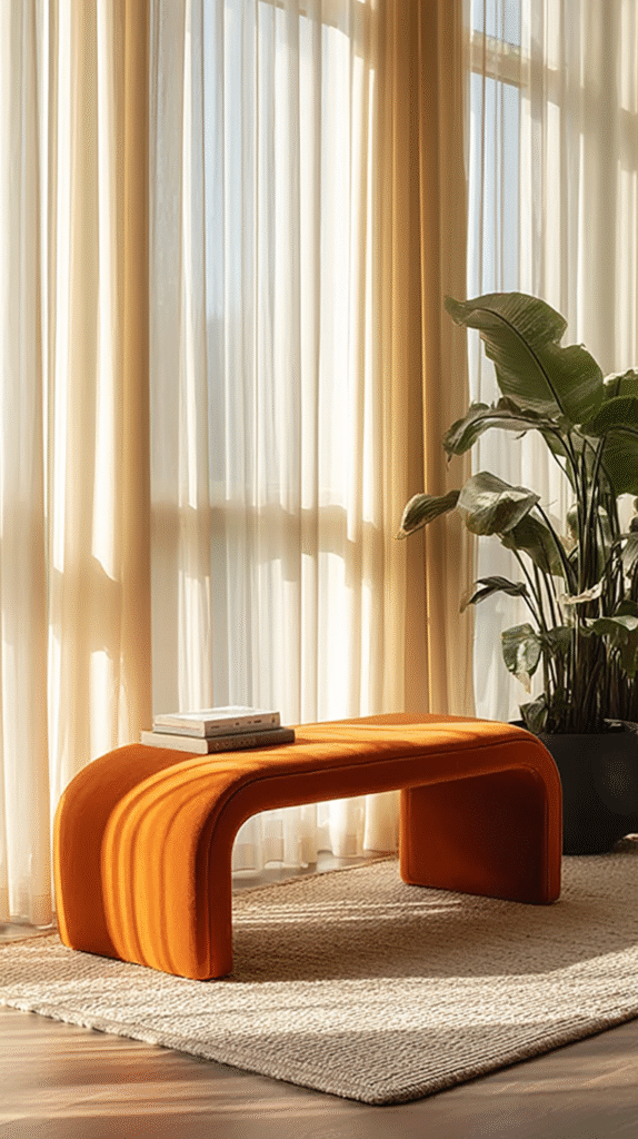 Curved orange upholstered bench placed by a window on a large living room rug in natural daylight.