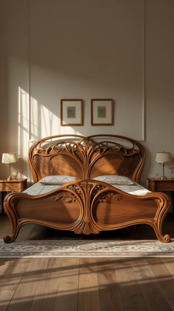 Art Nouveau curved walnut bed frame with carved botanical details in a modern furnished upscale bedroom