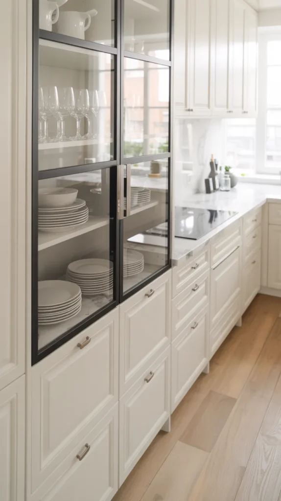 Bright black and white kitchen featuring a striped runner rug adding warmth and contrast in natural light.