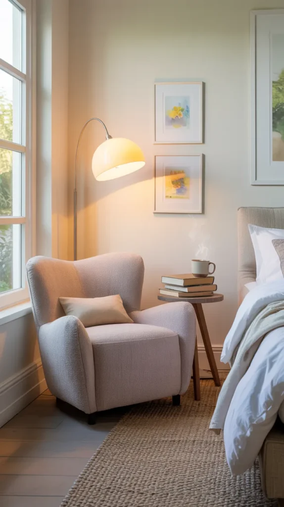 Simple bedroom reading chair with floor lamp and books in a real home interior.