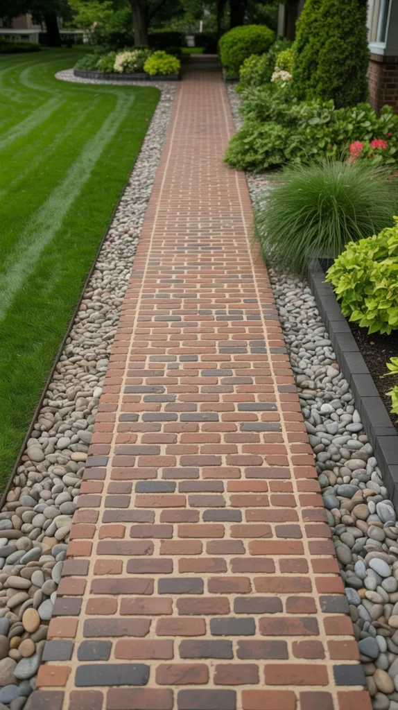 Brick walkway with decorative pebble borders separating the path from the lawn.