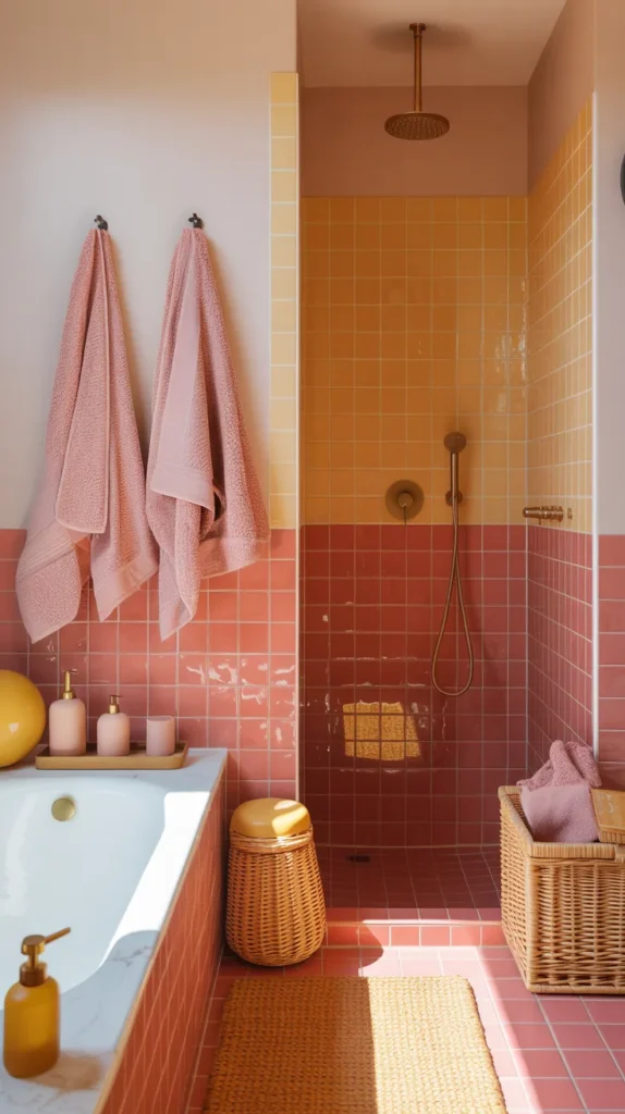 Colorful sunset palette bathroom with coral, apricot, pink and golden yellow accents fully styled
