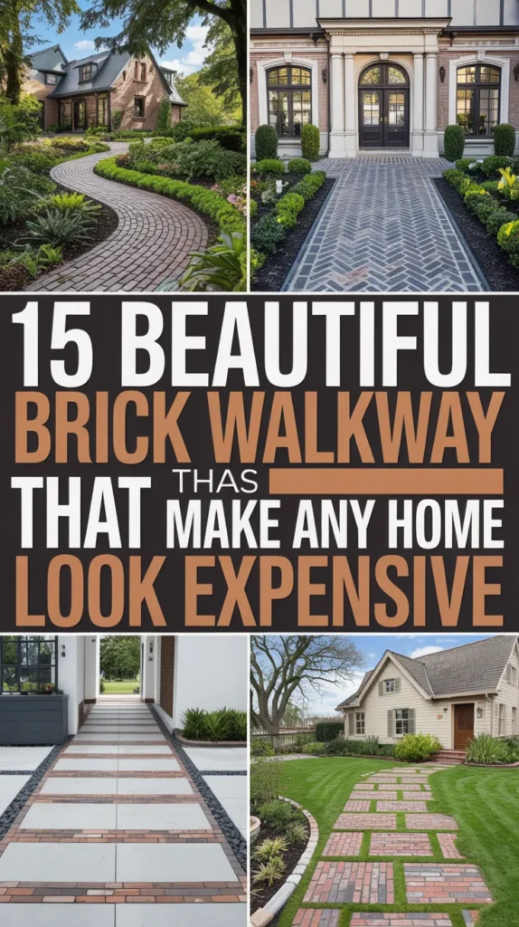 Pinterest cover collage showing multiple brick walkway styles with large title text “15 Beautiful Brick Walkway Ideas That Make Any Home Look Expensive”.