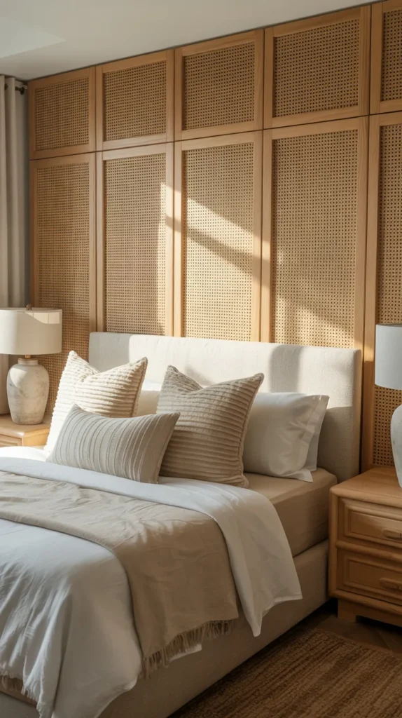 Bedroom with woven rattan cane panel accent wall behind bed