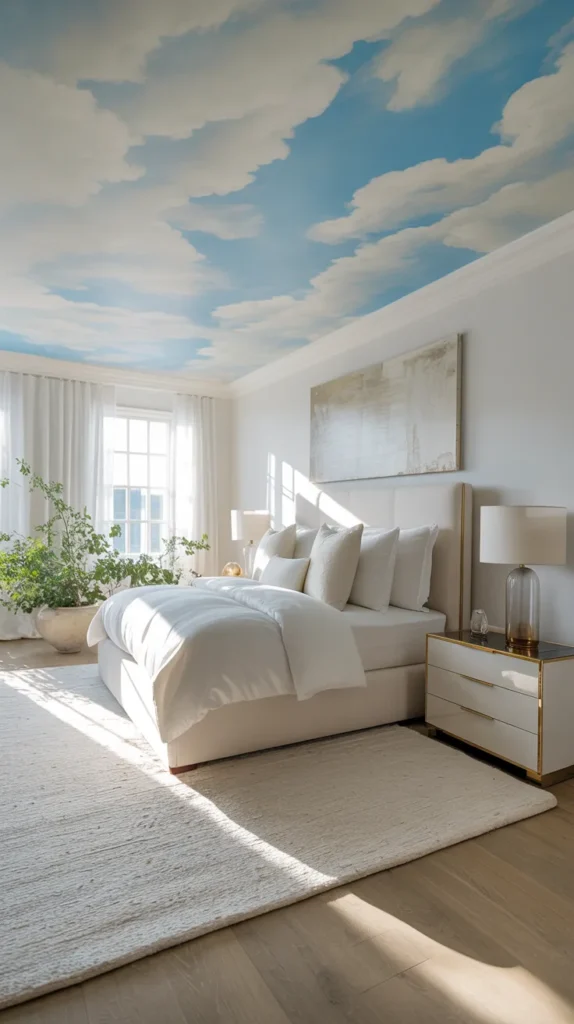 Fully furnished bedroom with hand-painted cloud mural ceiling, upholstered bed, layered linen bedding, brass chandelier, and bright natural daylight.