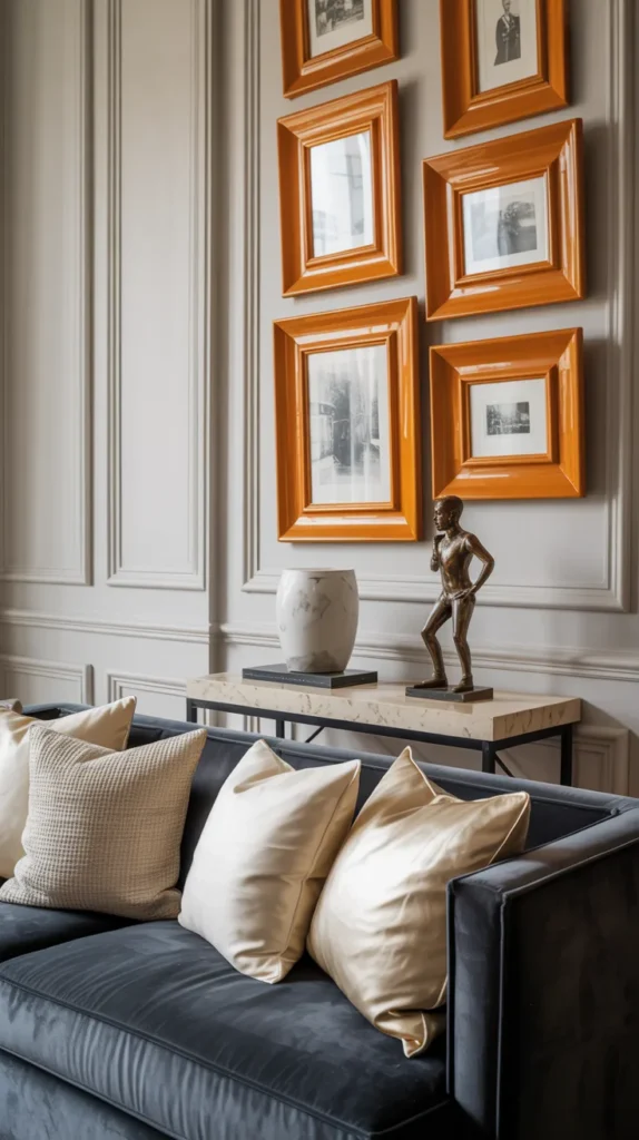 Elegant living room with a gallery wall of orange picture frames above a tailored sofa.
