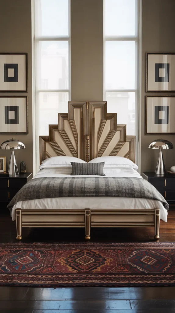 Art Deco vintage bed with geometric headboard in a furnished modern upscale bedroom