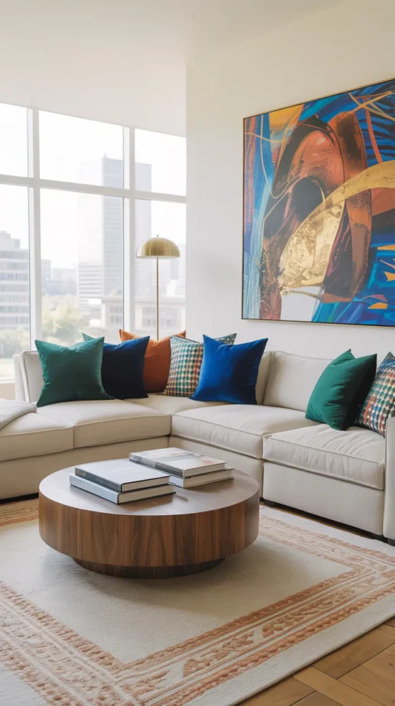 Bright modern living room with beige L-shaped sectional styled with emerald and blue pillows, colorful abstract wall art, patterned rug, and natural daylight.