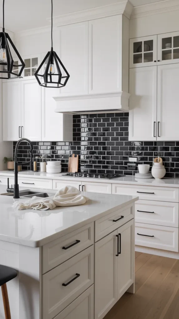 White kitchen with black backsplash creating strong contrast against white cabinets in bright natural light.