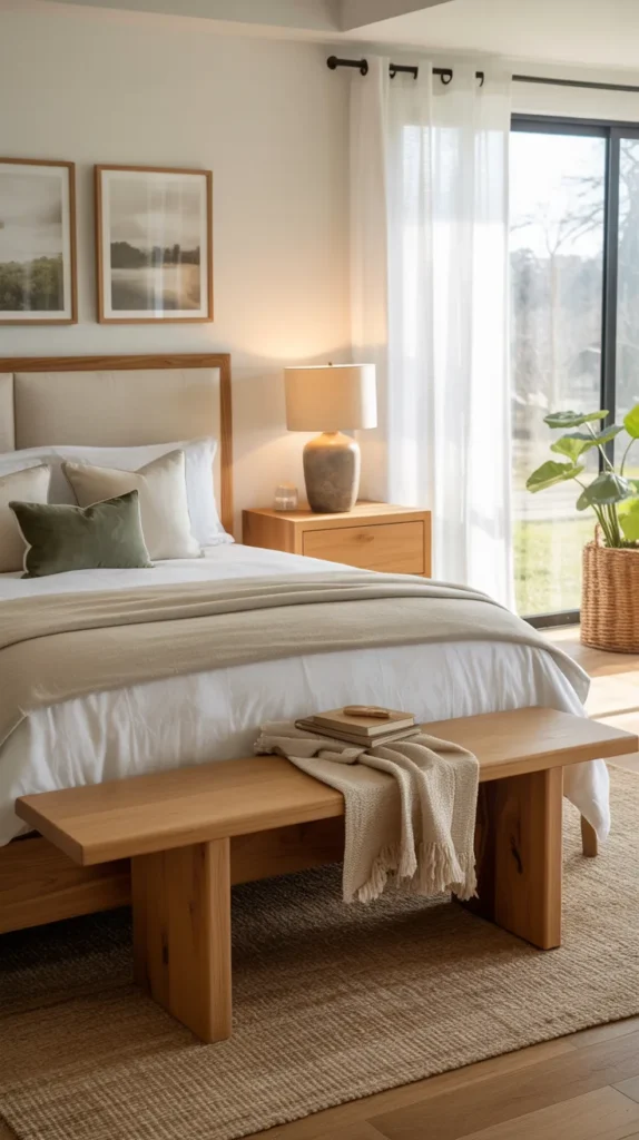 Natural oak wood bench at the foot of a bright organic modern bedroom with white linen headboard, sage bedding, jute rug, and soft natural lighting.