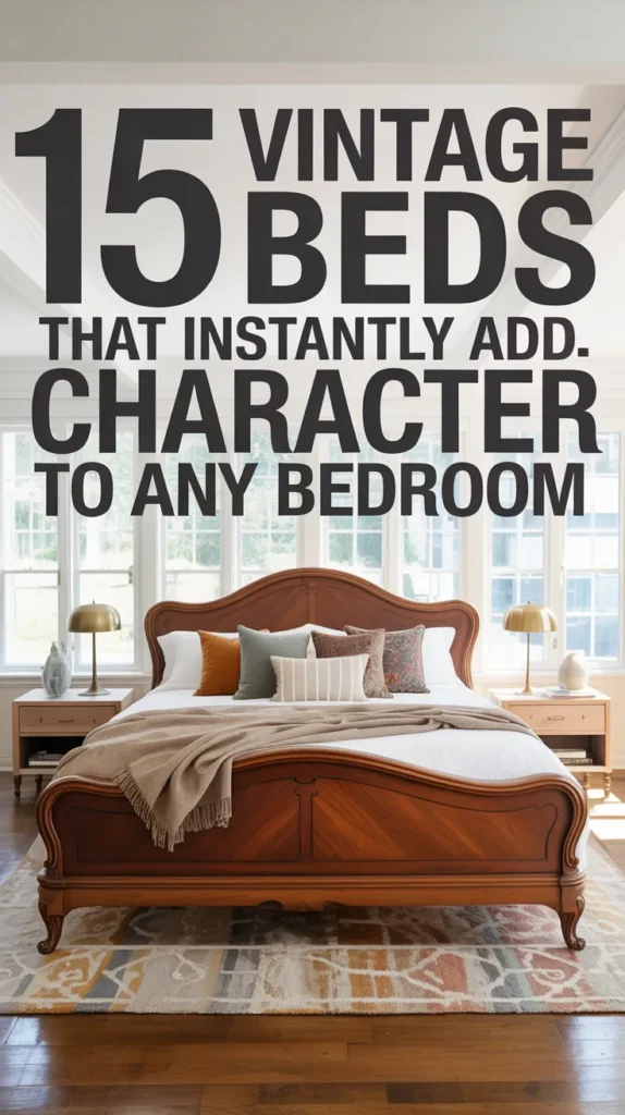 Antique wooden sleigh bed in a bright styled bedroom with large text overlay reading “15 Vintage Beds That Instantly Add Character to Any Bedroom”