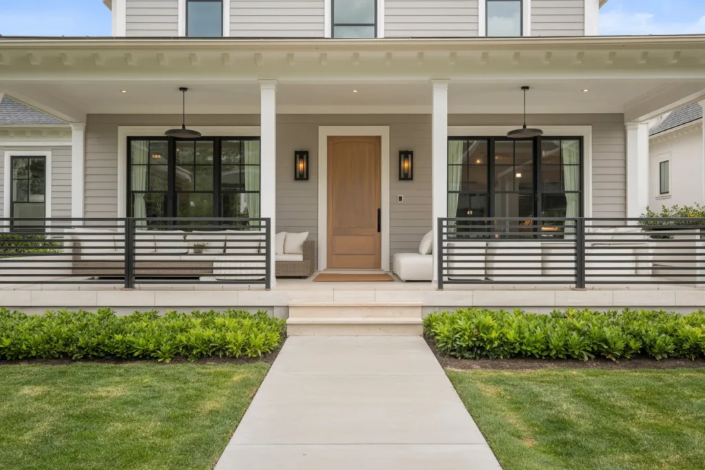 Close-up angled view of matte black horizontal metal porch railing with furnished modern front porch and neutral seating behind it in bright daylight.