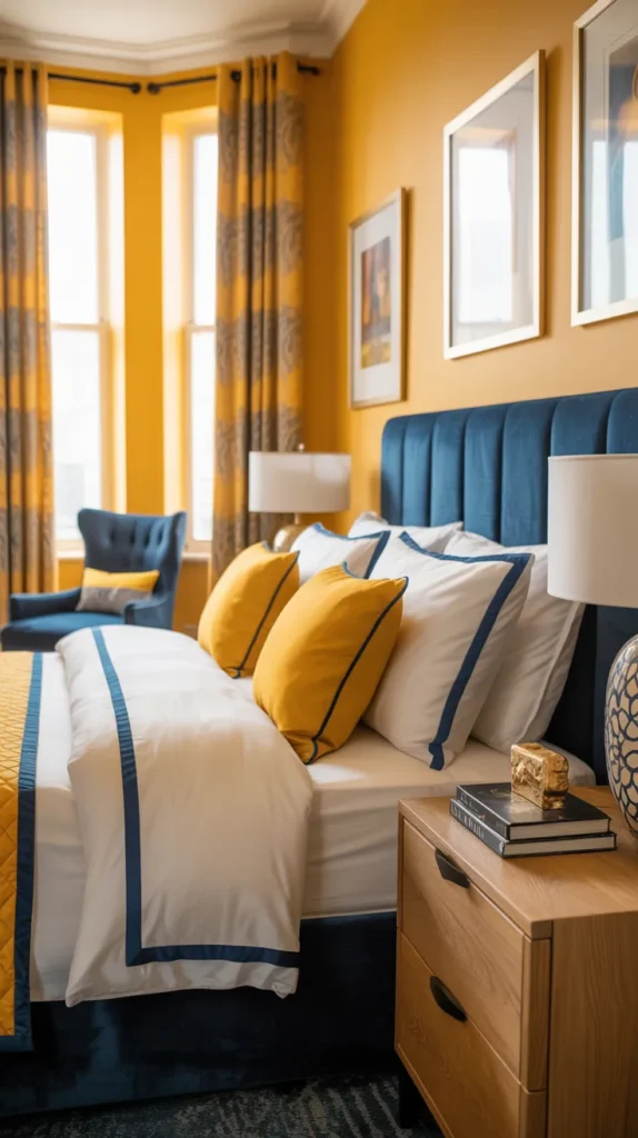 Bright yellow and navy bedroom with upholstered headboard and tailored bedding accents in a designer style.